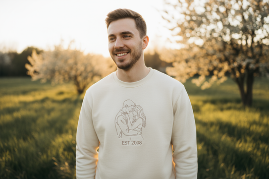 Man wearing sweatshirt with couple hugging and EST 2008