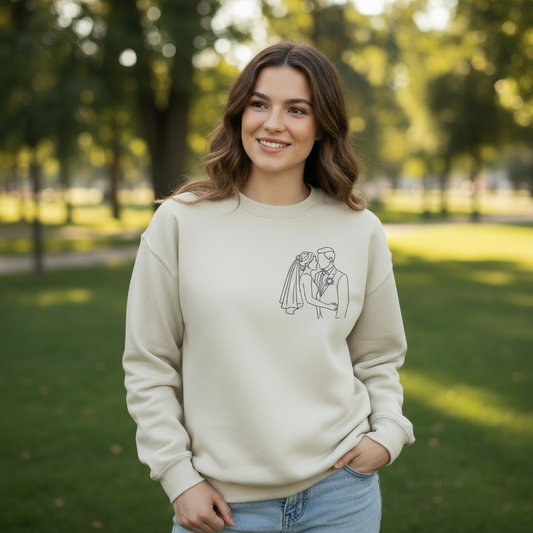 Woman wearing wedding couple portrait sweatshirt