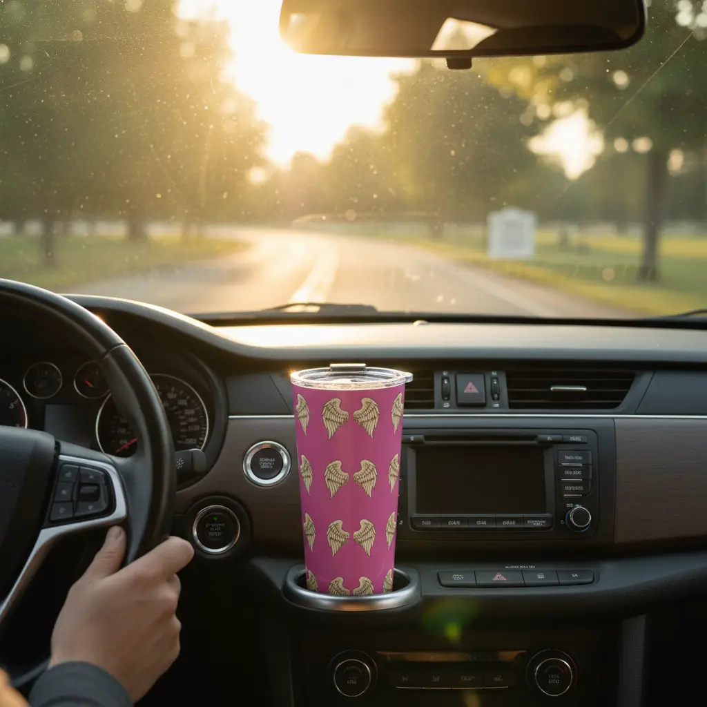 Angel wings tumbler in car cup holder