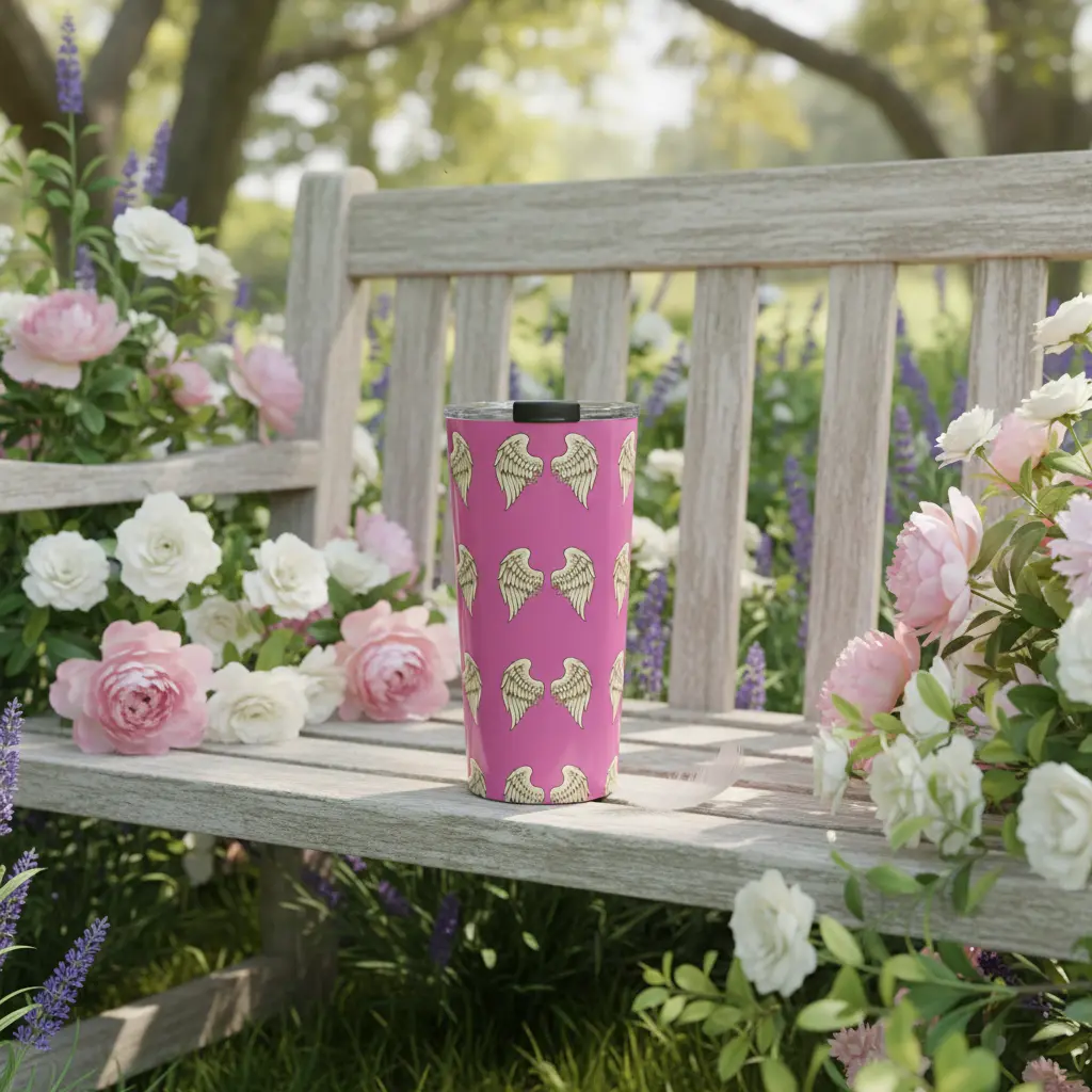 Angel wings tumbler in peaceful outdoor setting