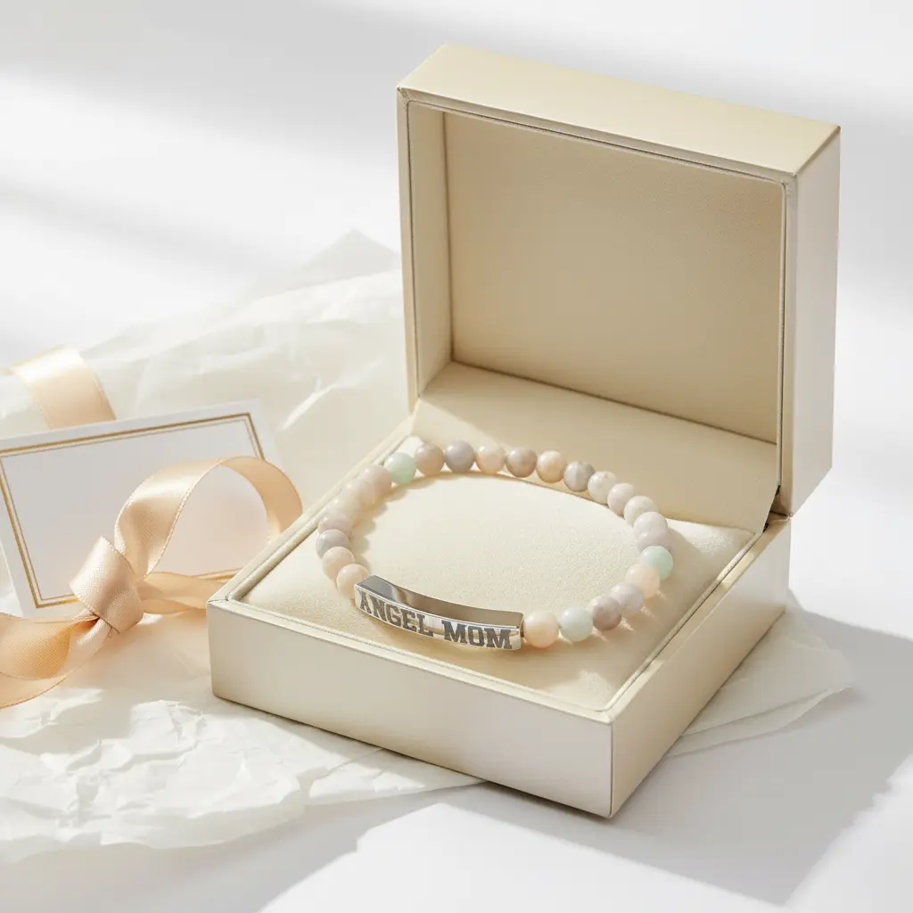 Angel Mom Natural Stone Stretch Bar Bracelet - Stitched For You Embroidery Co.