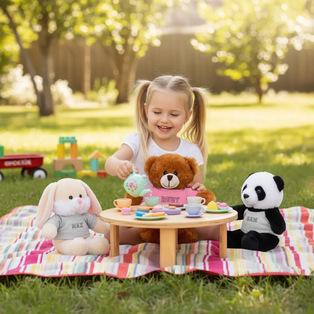 Child having tea party with personalized stuffed animals