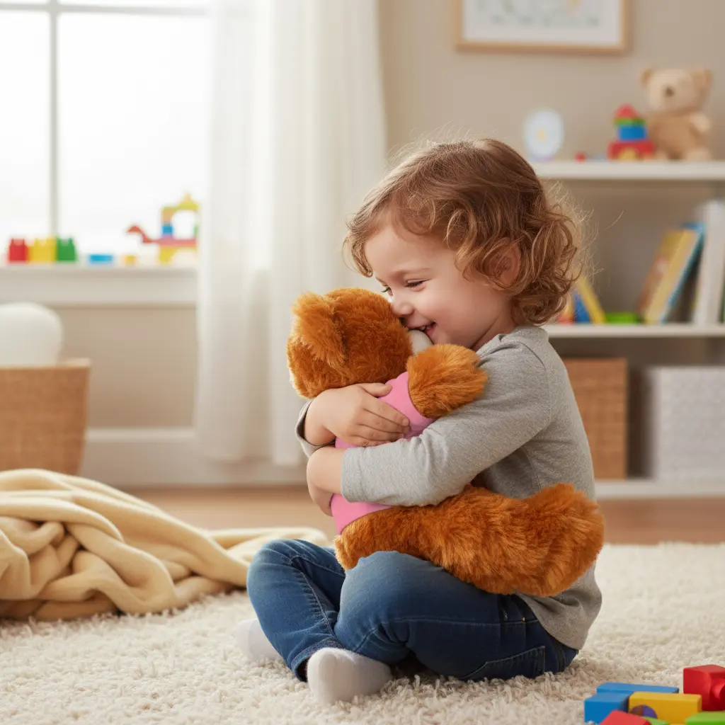 Child hugging personalized stuffed bear