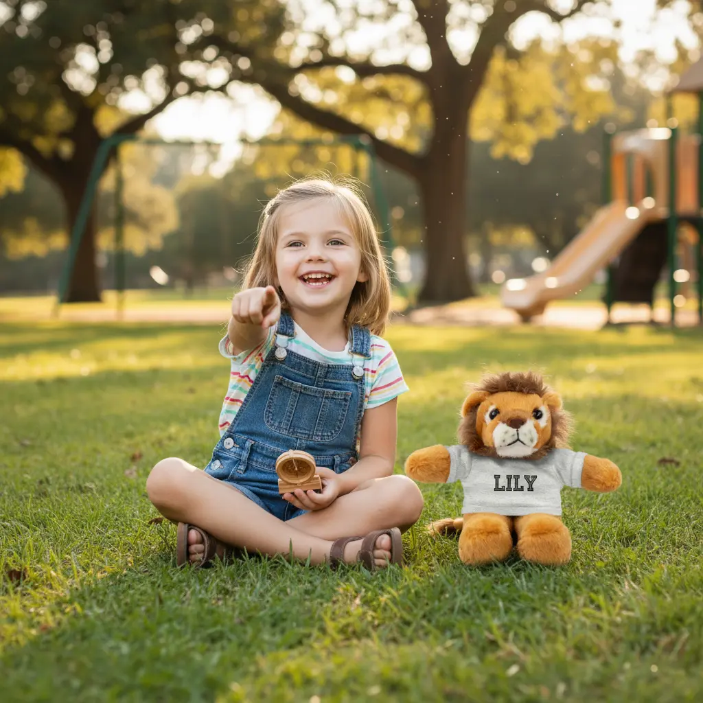 Child playing outdoors with personalized stuffed animal