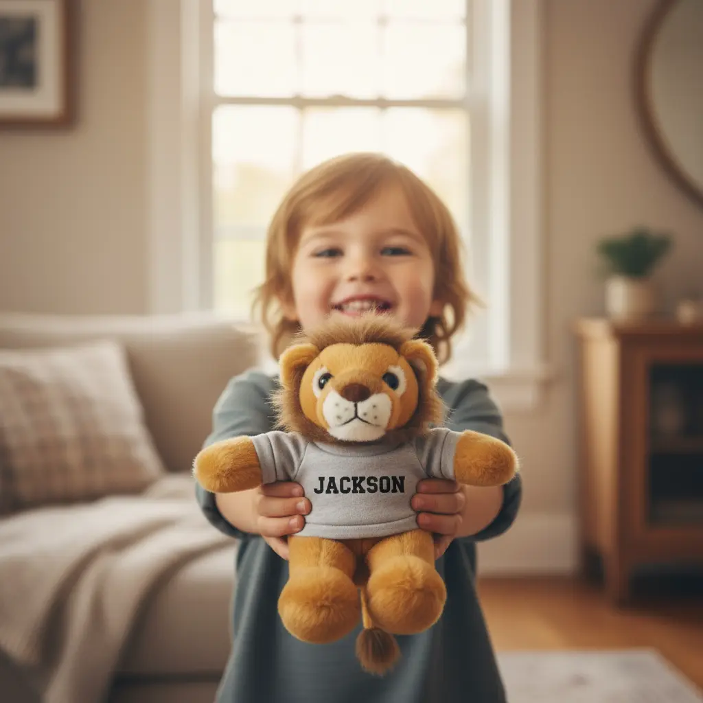 Child proudly showing stuffed lion with custom name