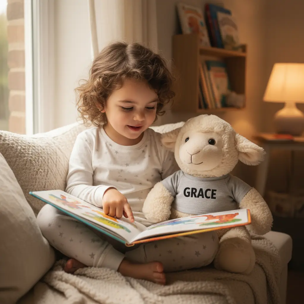 Child reading with personalized stuffed sheep