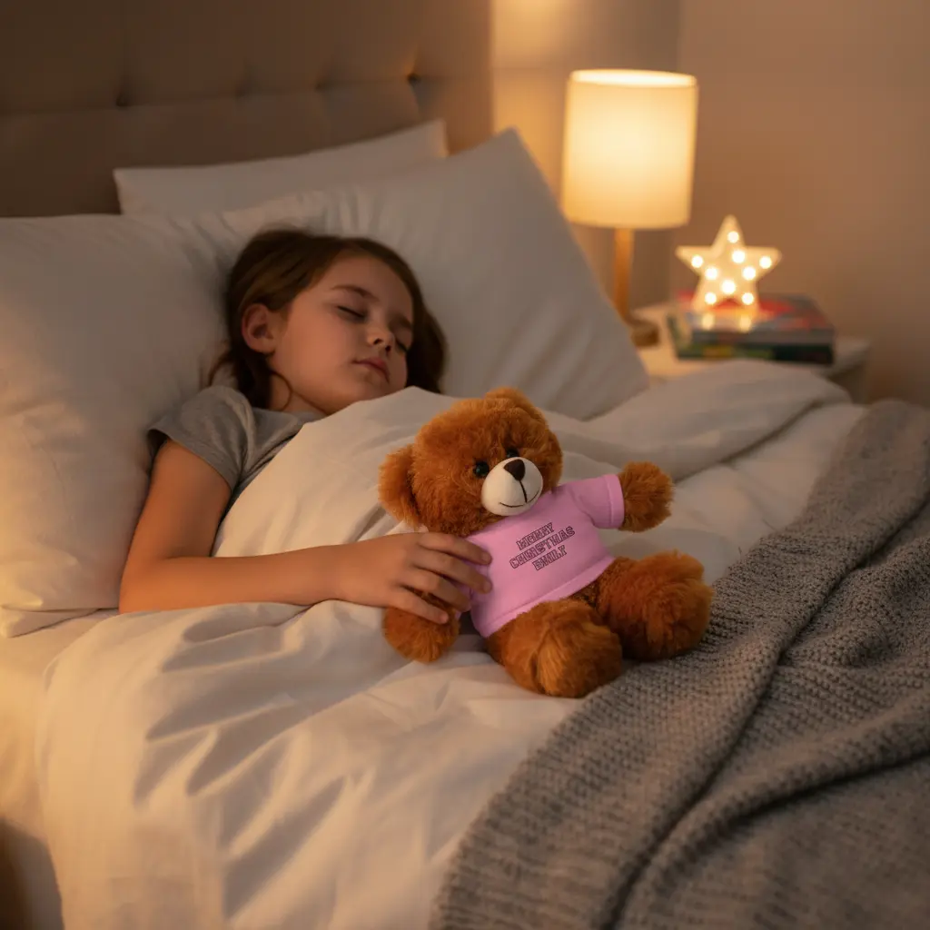Child sleeping with personalized bear showing name