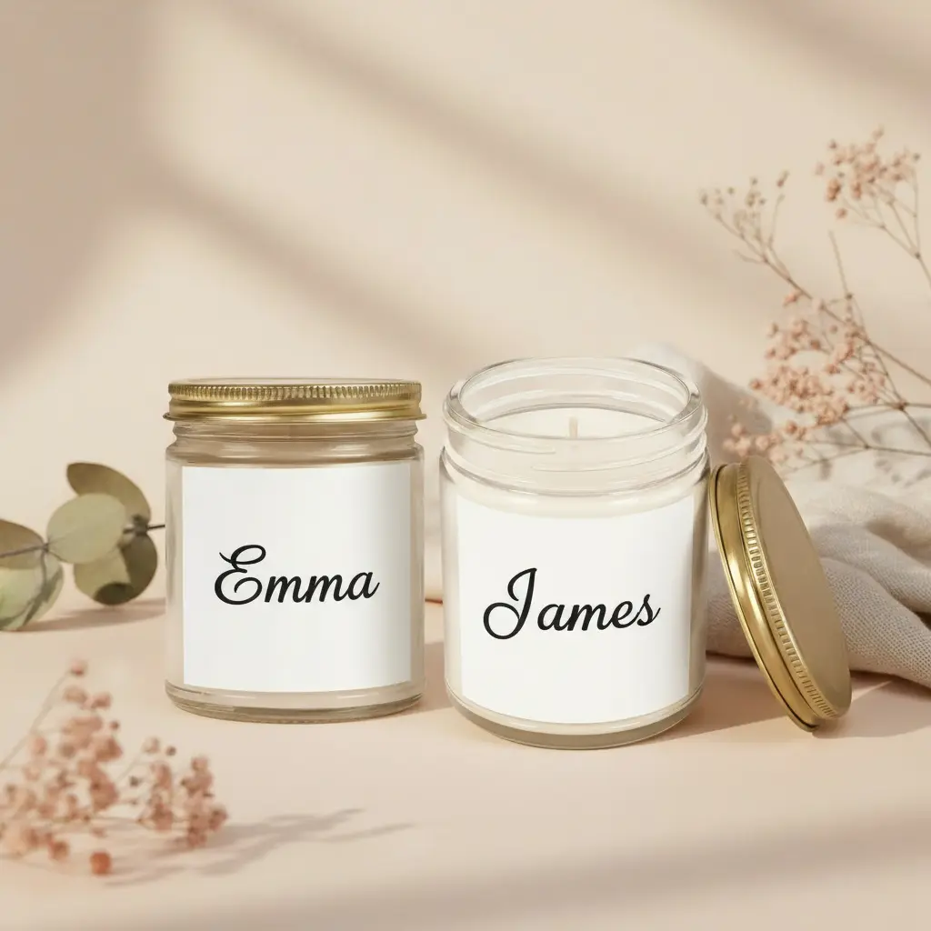 Clear and amber candles with couple names