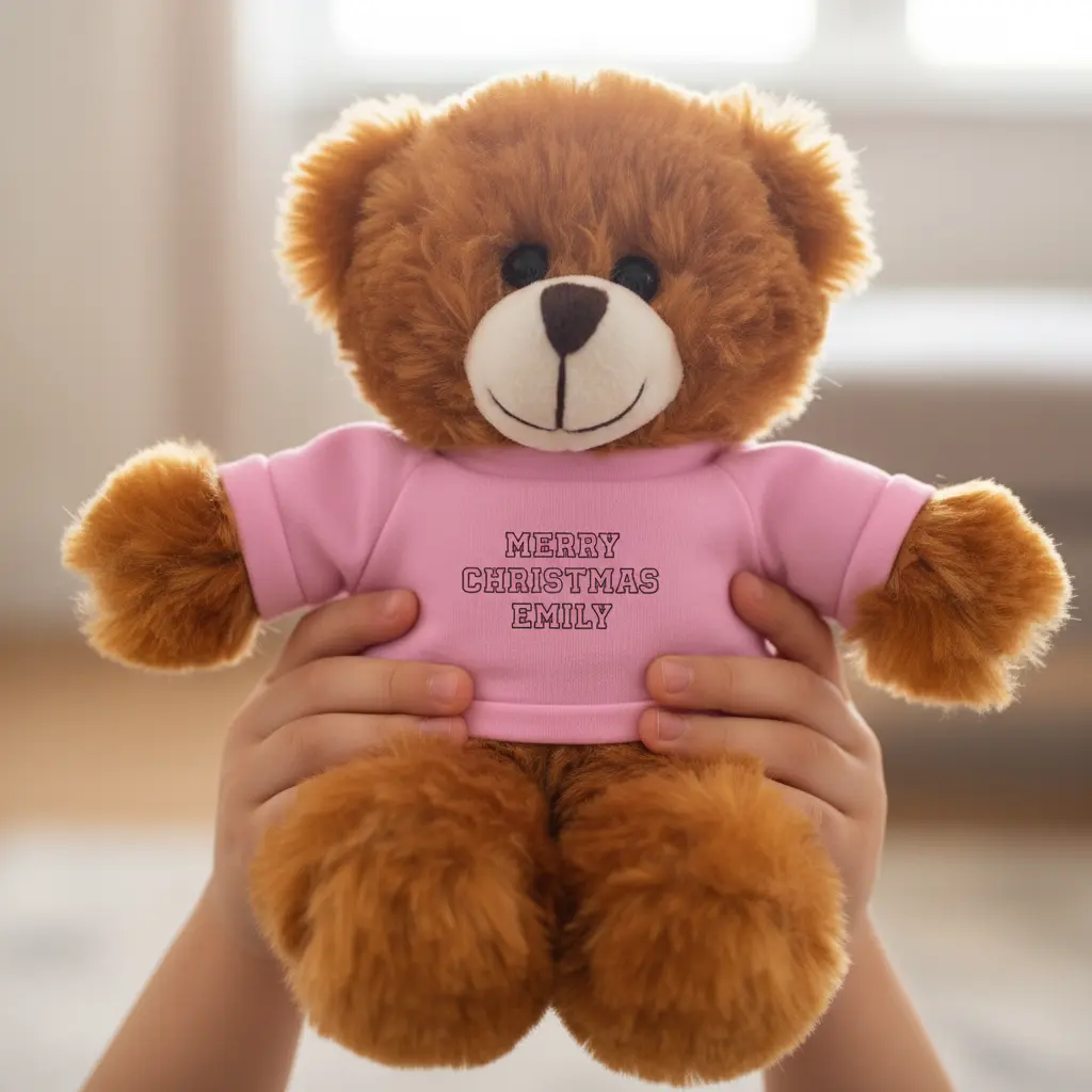 Close-up of child holding stuffed animal showing custom shirt