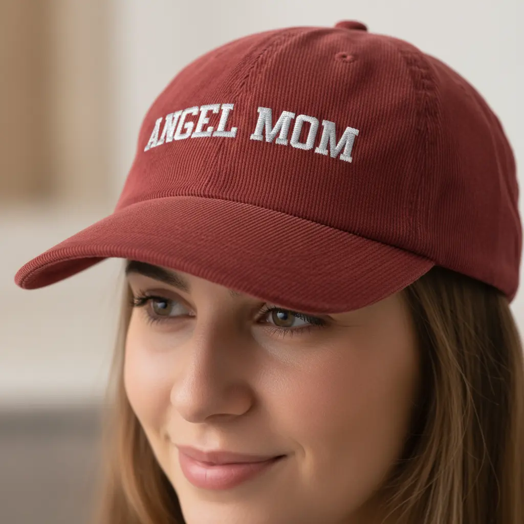 Close-up of embroidered corduroy cap showing design