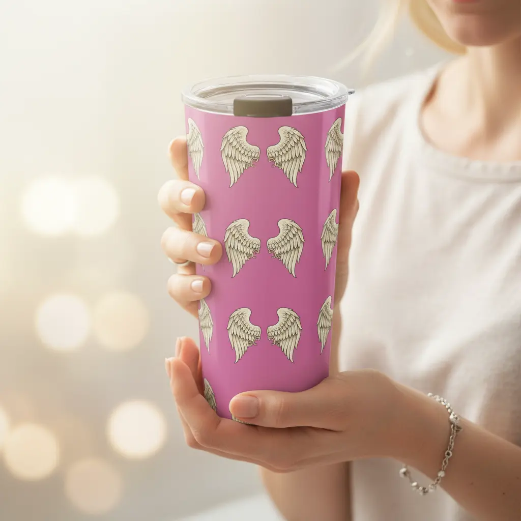 Close-up of hands holding angel wings tumbler