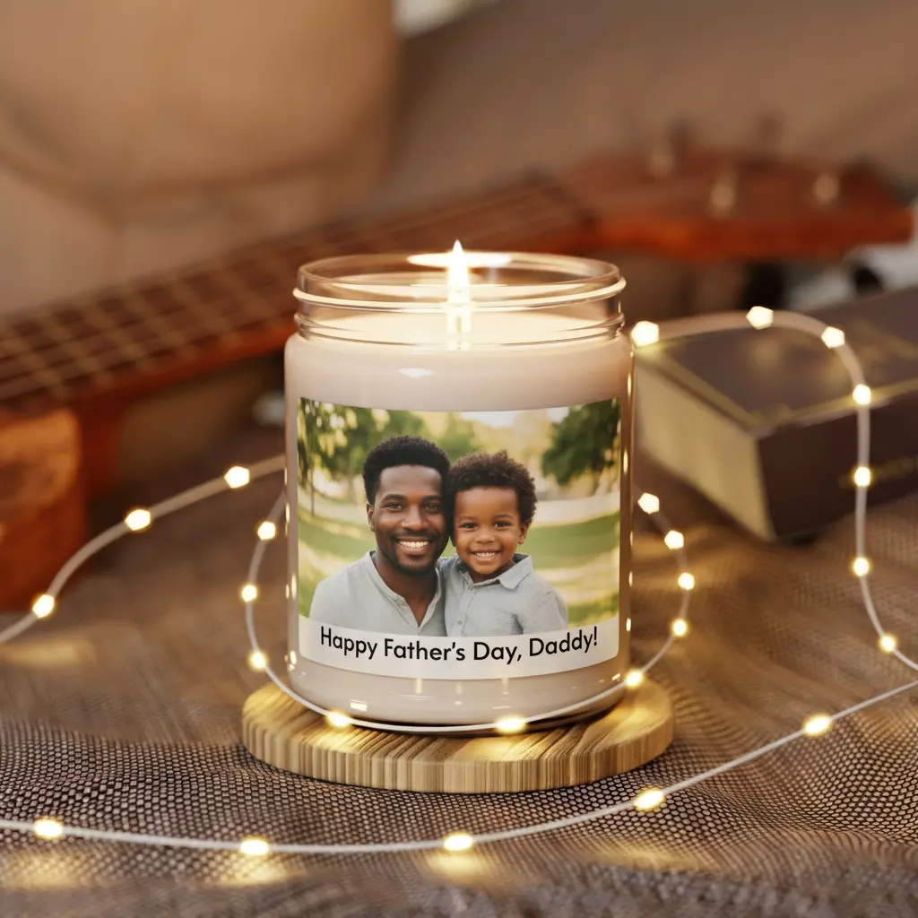 Close-up of personalized photo on lit candle