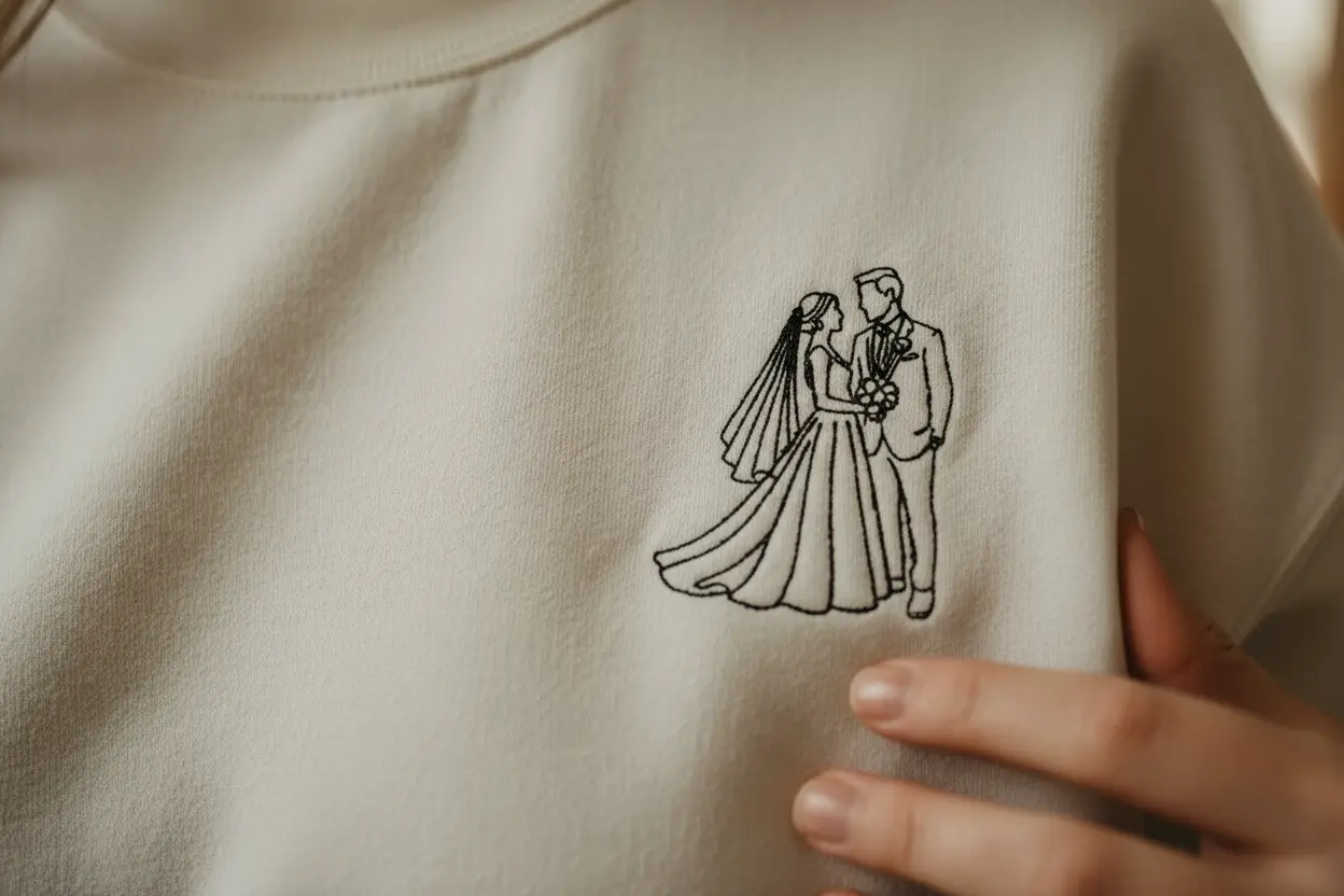 Close-up of wedding embroidery on white sweatshirt