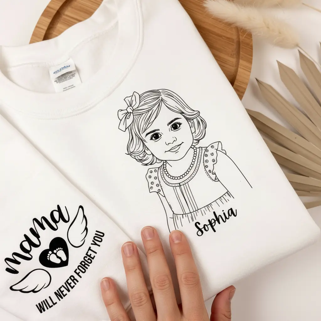 Close-up showing custom baby portrait embroidery clearly