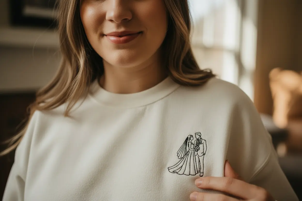 Close-up showing model and wedding embroidery