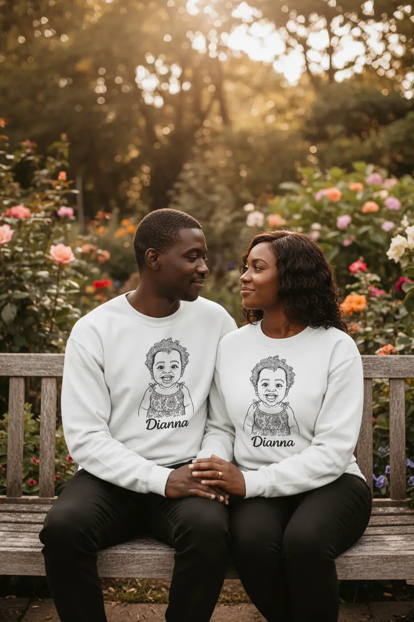 Couple in garden with custom portraits