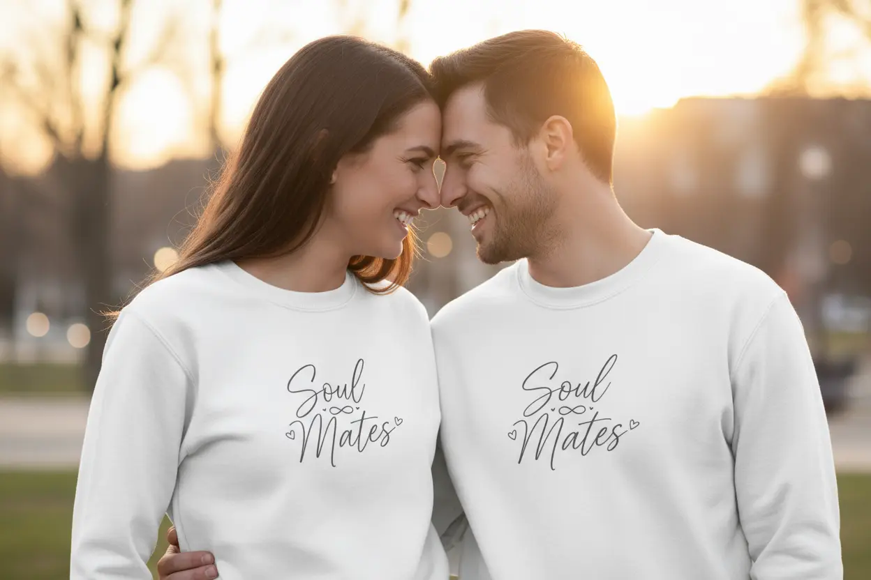 Couple in golden hour with Soul Mates sweatshirts