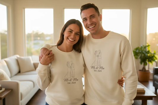 Couple wearing matching sweatshirts with wedding portrait design