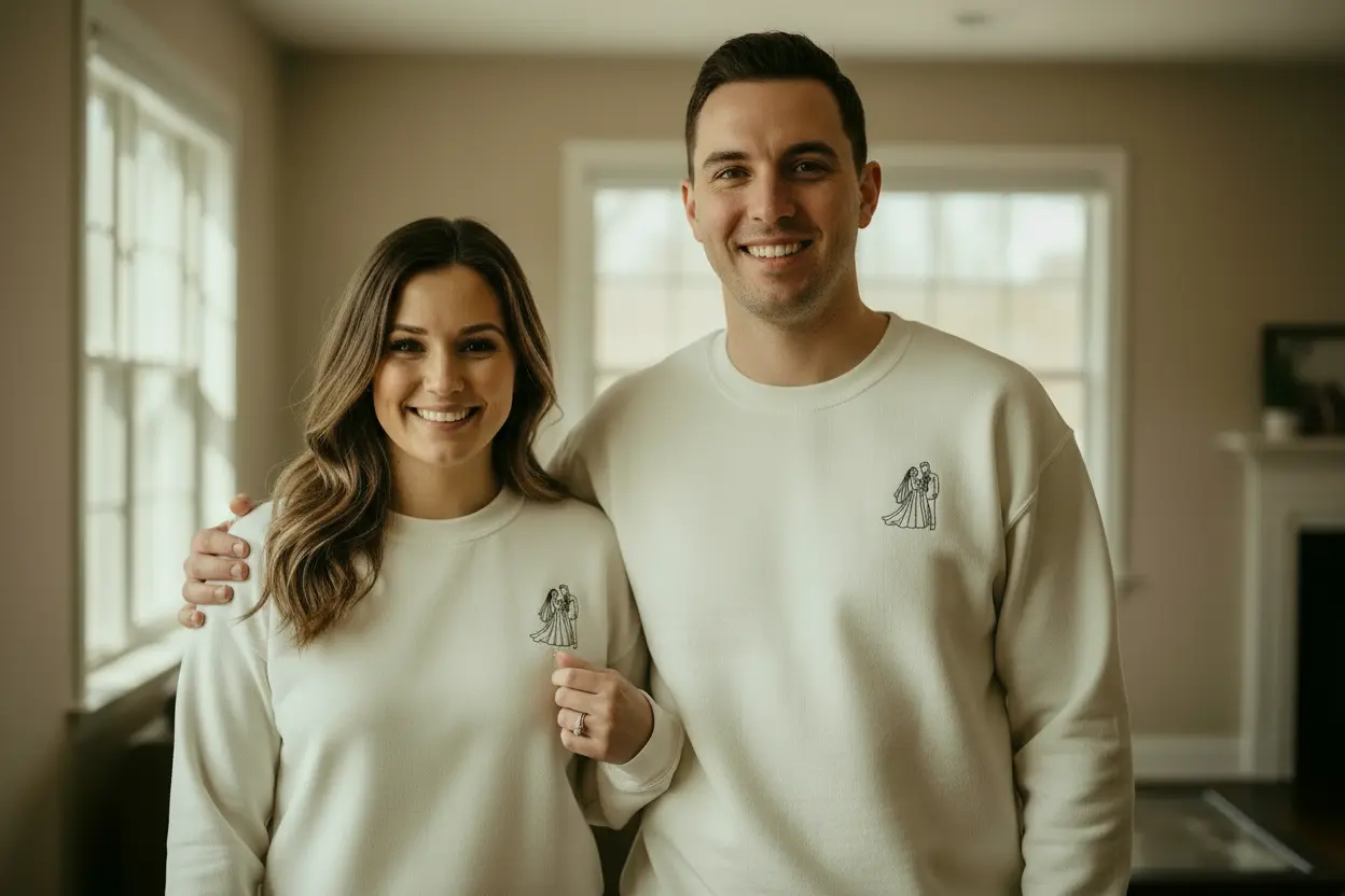 Couple wearing matching wedding embroidery sweatshirts