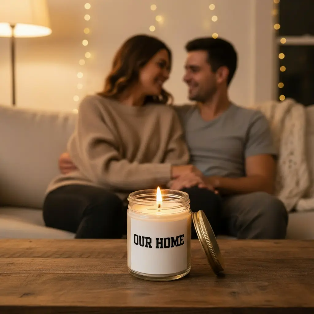 Couple with candle showing romantic text