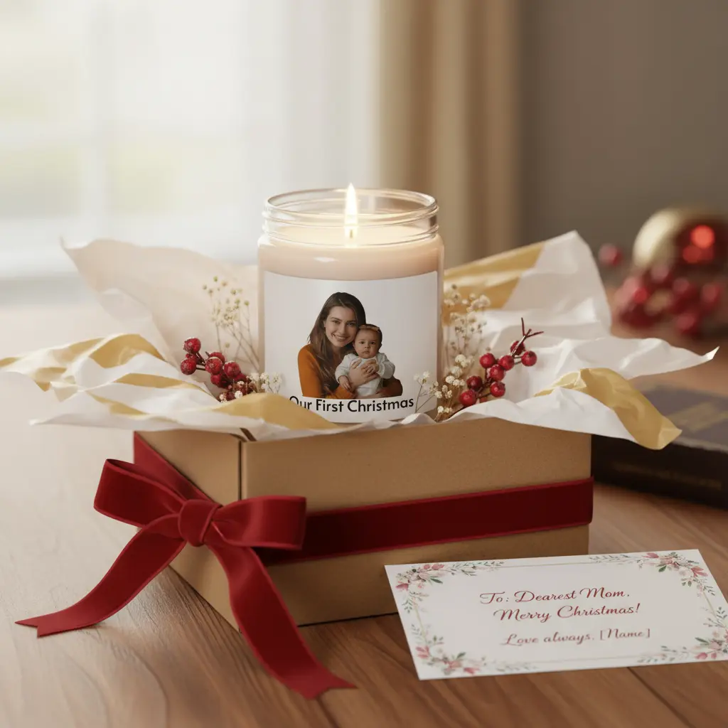 Custom photo candle beautifully wrapped as gift