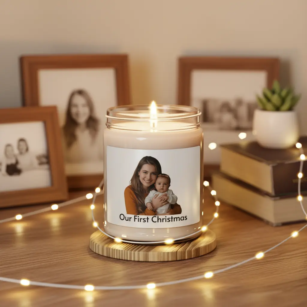 Custom photo candle displayed on shelf as decor