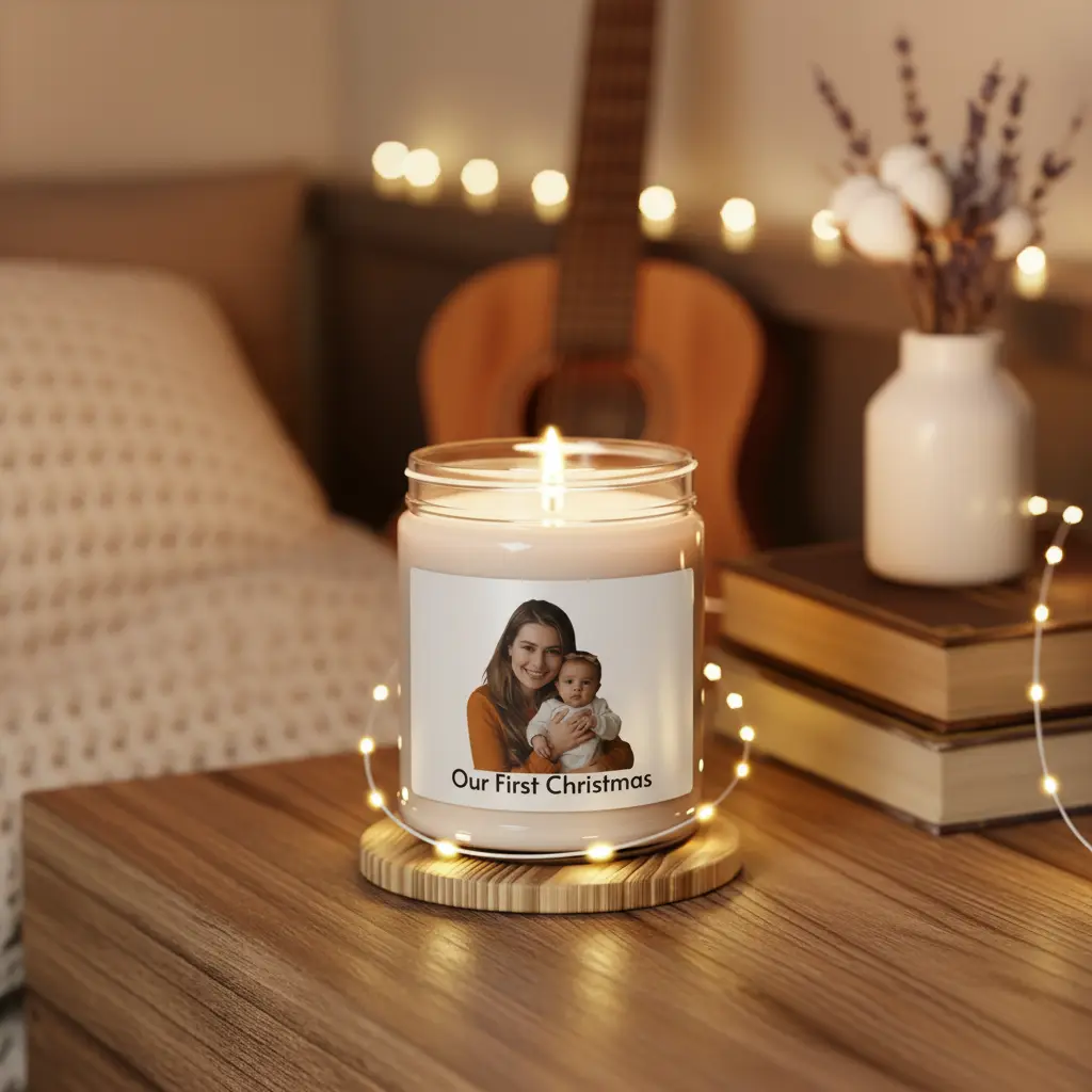 Custom photo candle lit on coffee table in cozy setting