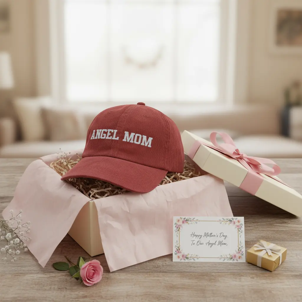 Embroidered cap in gift box with flowers