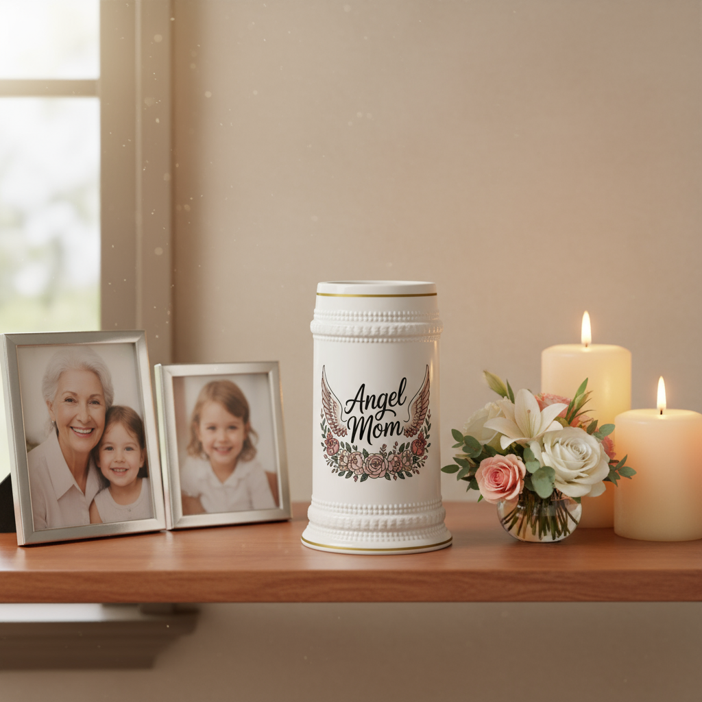 Enhanced memorial shelf with Angel Mom stein