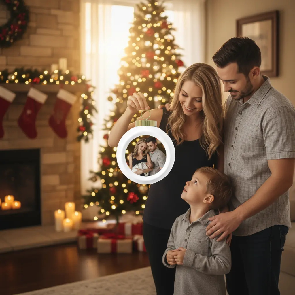 Family admiring personalized ornament together