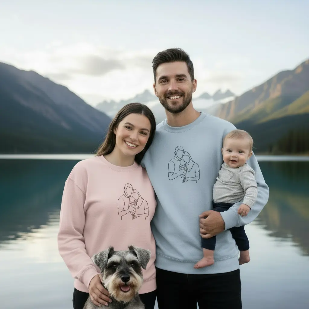 Family with woman petting schnauzer