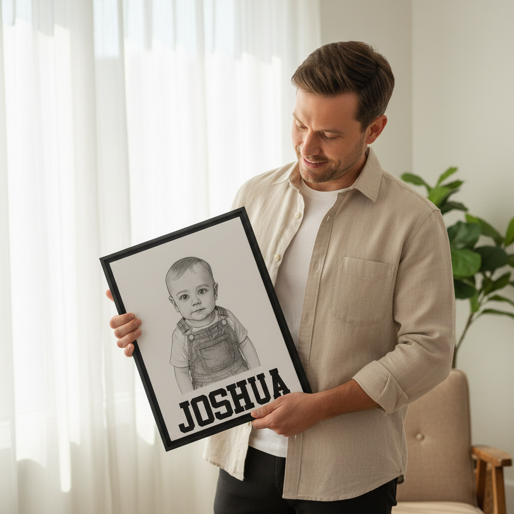 Father holding canvas with boy portrait
