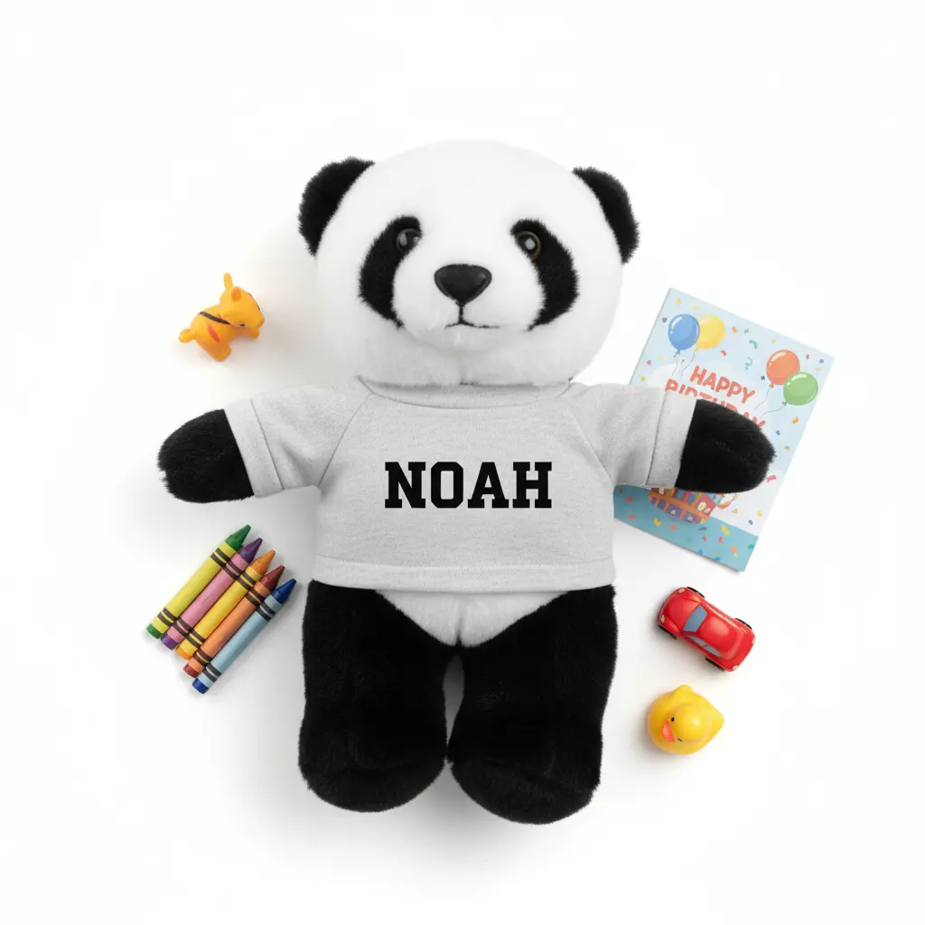 Flat lay of panda with readable name on shirt