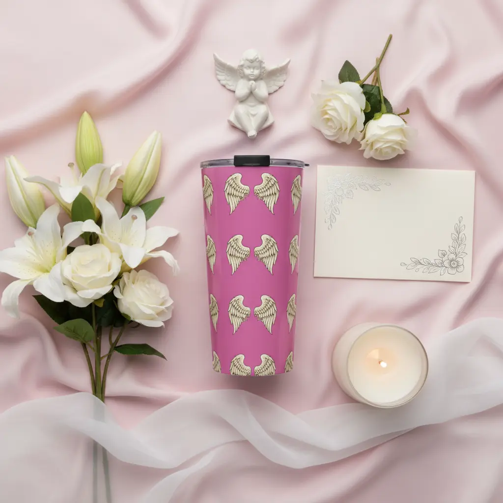 Flat lay with angel wings tumbler and flowers