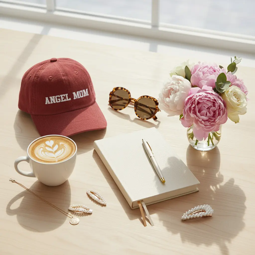 Flat lay with embroidered cap and accessories