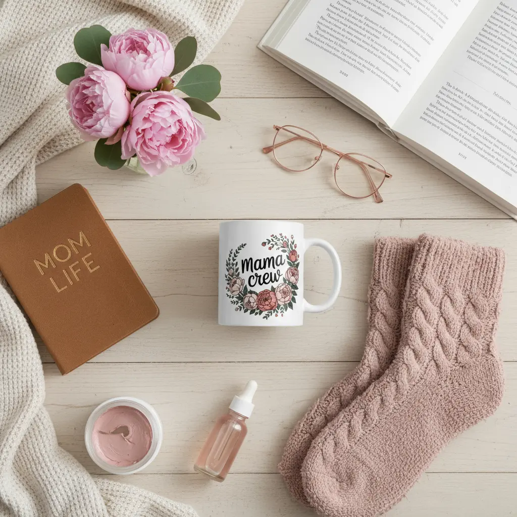 Flat lay with Mama Crew mug and self-care items