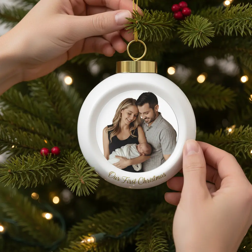 Hands hanging personalized ornament showing custom name