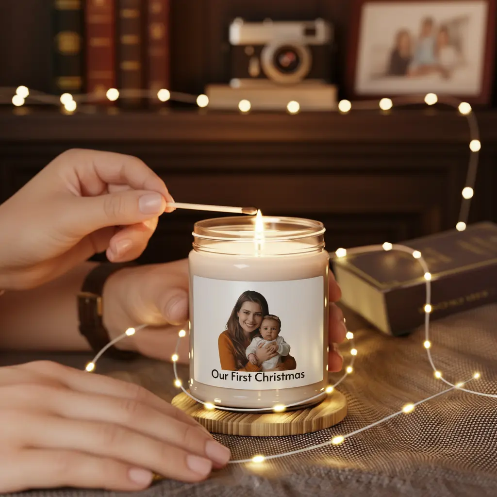 Hands holding custom photo candle showing sentimental value