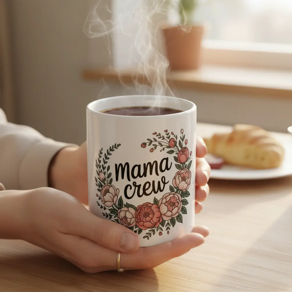 Hands holding Mama Crew mug with steam rising