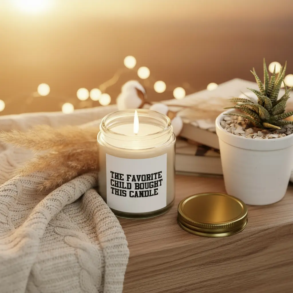 Lit custom candle in home setting