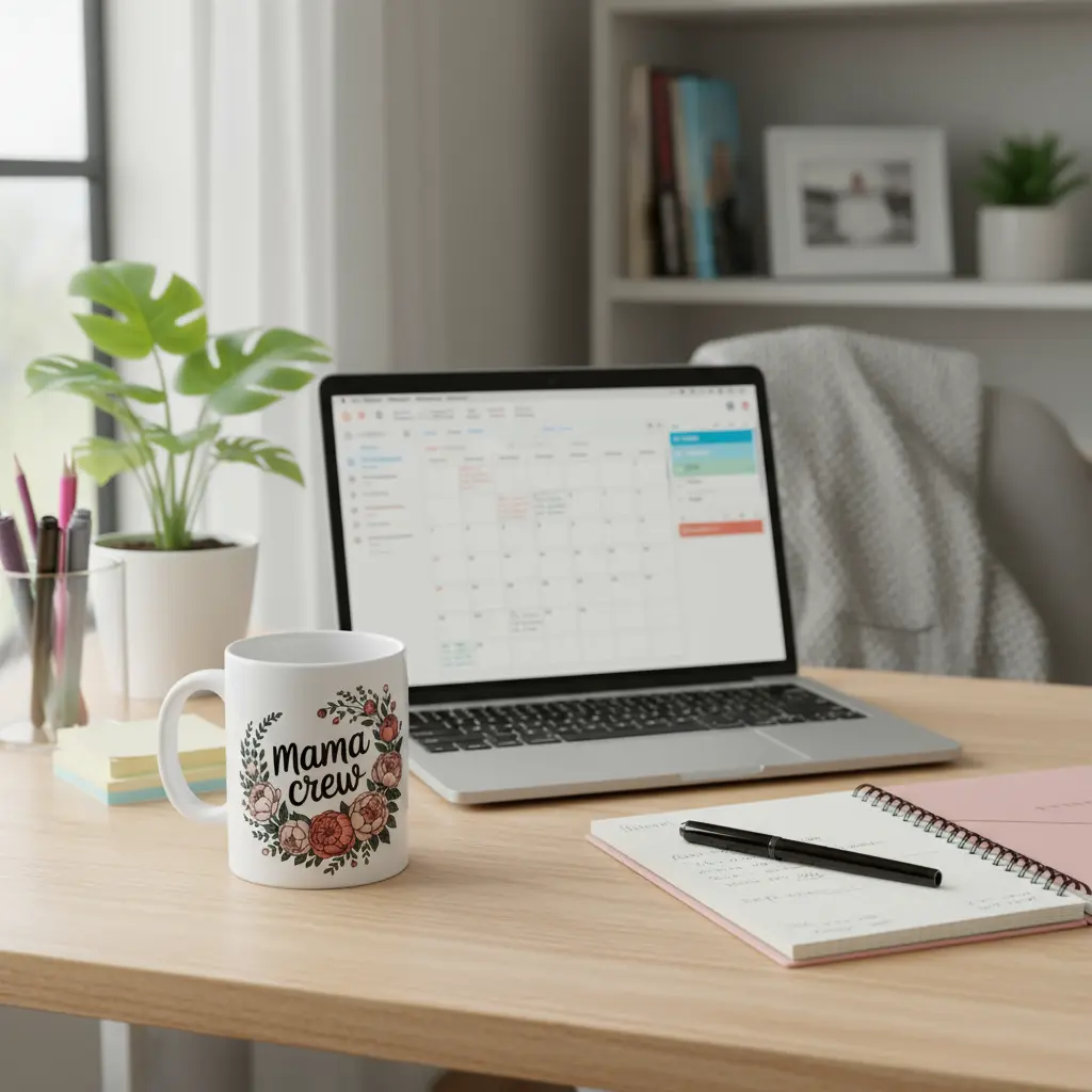 Mama Crew mug on desk with laptop and work items
