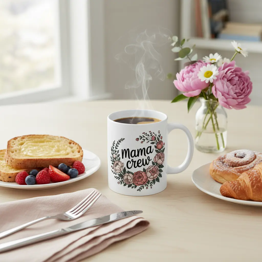 Mama Crew mug with breakfast spread