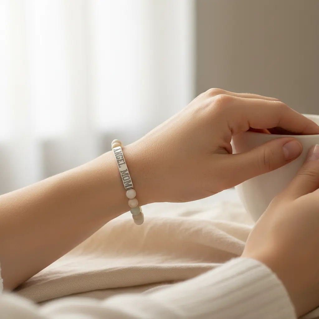 Angel Mom Natural Stone Stretch Bar Bracelet - Stitched For You Embroidery Co.