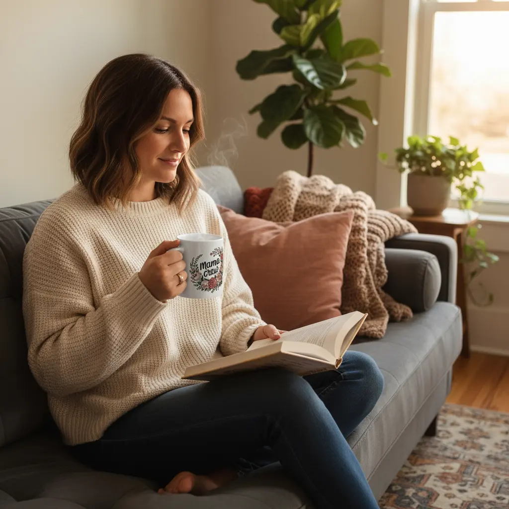 Mom relaxing with Mama Crew mug in cozy chair