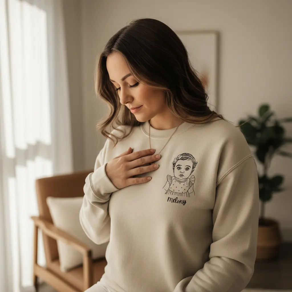 Mother wearing memorial sweatshirt with embroidered portrait, hand over heart