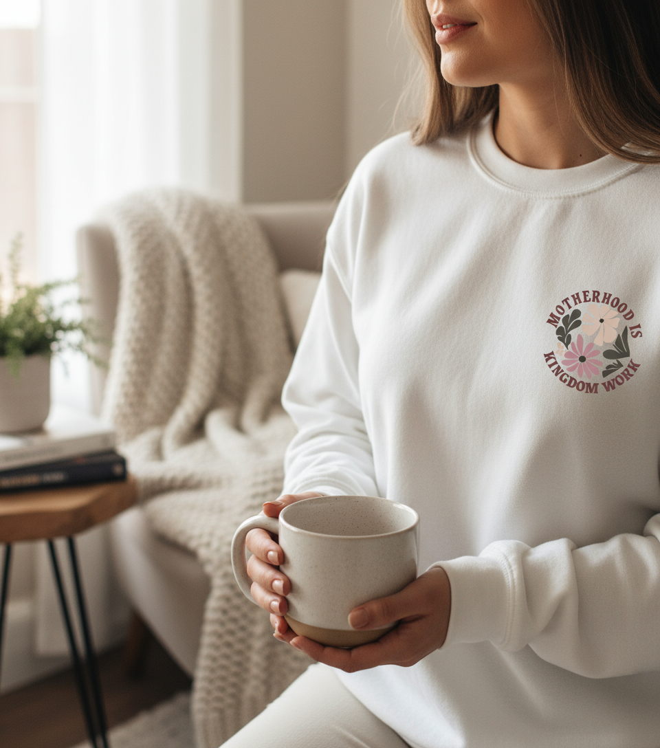 Motherhood Kingdom Work Sweatshirt - Coffee Close-up