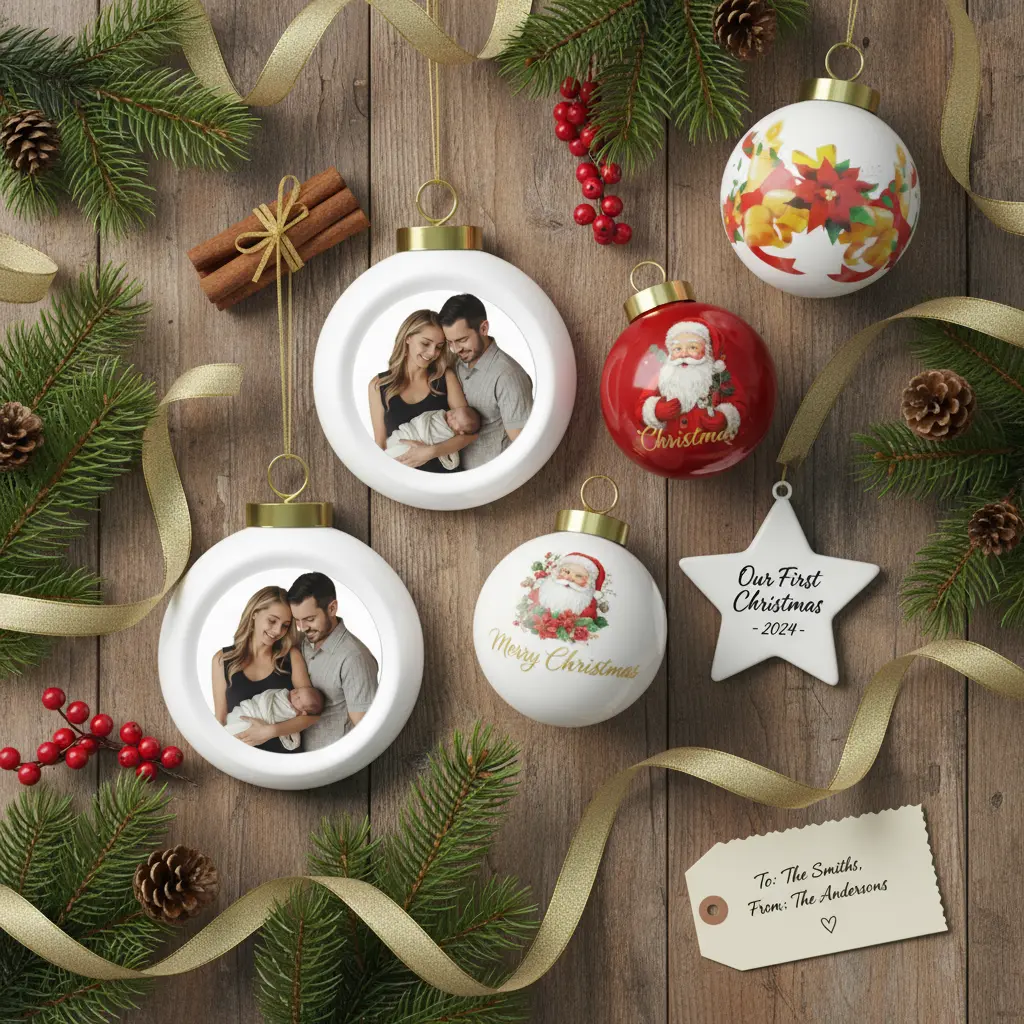 Multiple personalized ornaments with holiday decor