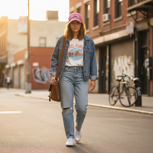Person wearing vintage cap outdoors in trendy outfit