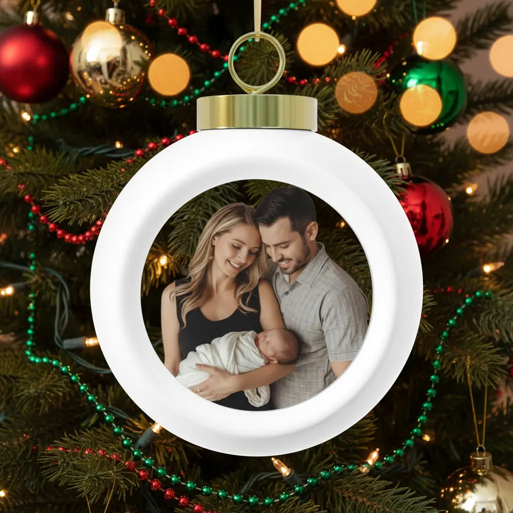 Personalized ornament hanging on decorated Christmas tree