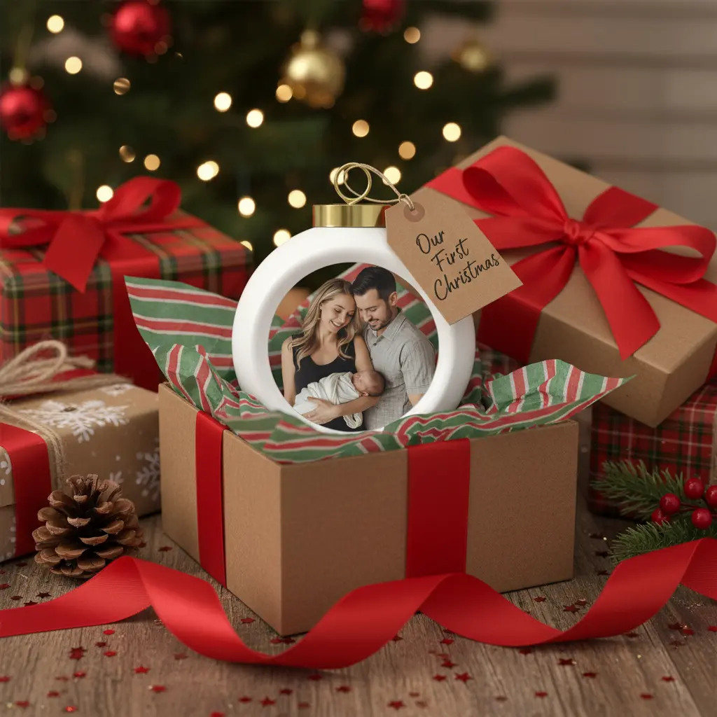 Personalized ornament in festive gift box